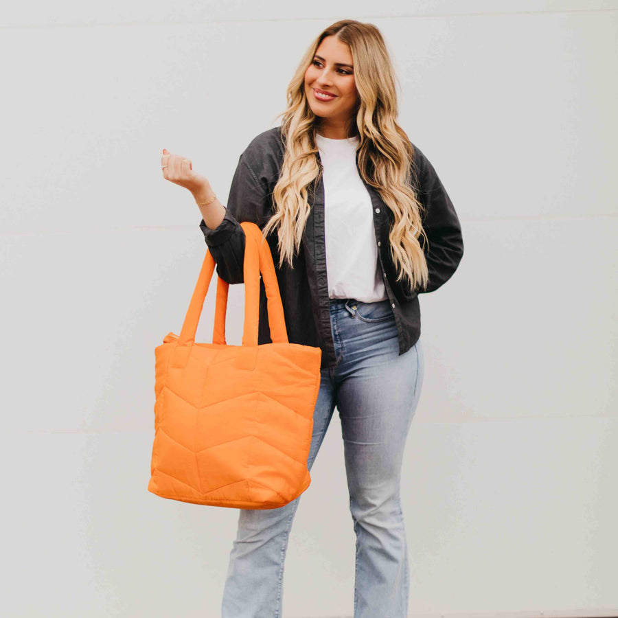 Naomi Orange Quilted Nylon Tote Bag